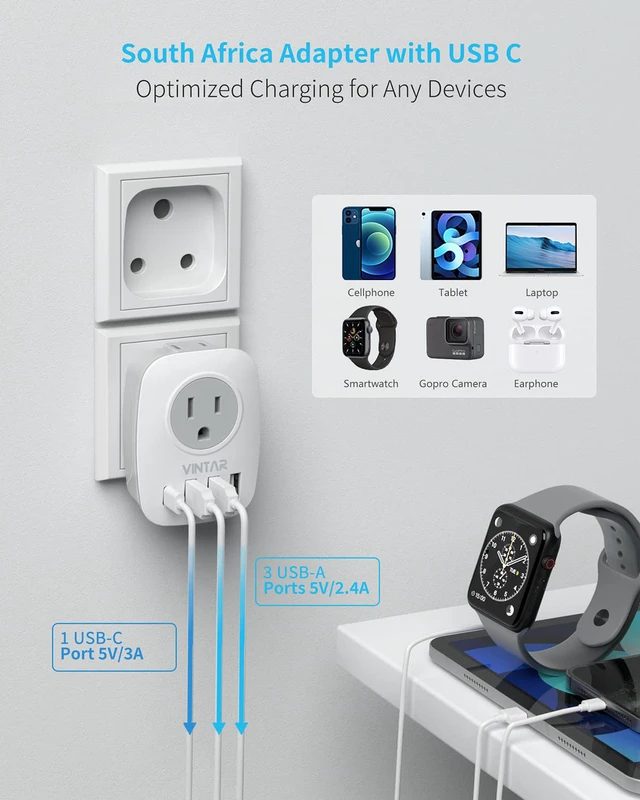 Alt view image 4 of 6 - South Africa Plug Adapter, 2 Pack Type M Plug Adapter with USB C 6 in 1 with 2 Outlets 4 USB, Fast Charge, Travel Converter for US to Botswana Namibia Nepal
