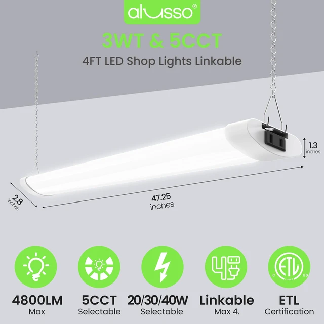 Alt view image 2 of 7 - ® LED Shop Lights 4FT for Garage, 4800LM Adjustable 20W/30W/40W, 5CCT 2700K 3000K 4000K 5000K 6500K, 120V, Warm to Cool Daylight Linkable Shop Lights for Workshop, ETL, 2 Pack