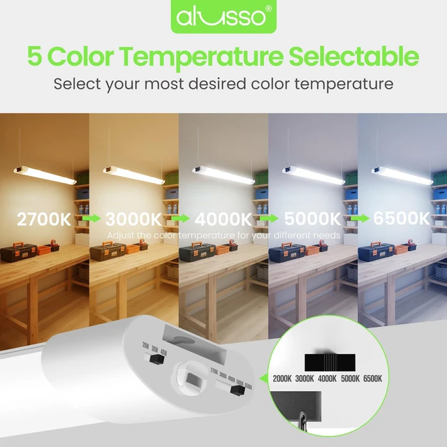 Alt view image 4 of 7 - ® LED Shop Lights 4FT for Garage, 4800LM Adjustable 20W/30W/40W, 5CCT 2700K 3000K 4000K 5000K 6500K, 120V, Warm to Cool Daylight Linkable Shop Lights for Workshop, ETL, 4 Pack