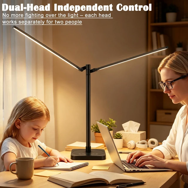 Alt view image 2 of 7 - Desk Lamp for Home Office Dual Head 24W Swing Arm Task Lamp Black LED Desk Light with Stepless Dimming & 5 Color Modes, USB-C Charging Port for Reading Study Computer Work College Dorm Room