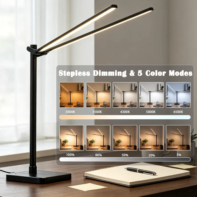 Alt view image 3 of 7 - Desk Lamp for Home Office Dual Head 24W Swing Arm Task Lamp Black LED Desk Light with Stepless Dimming & 5 Color Modes, USB-C Charging Port for Reading Study Computer Work College Dorm Room