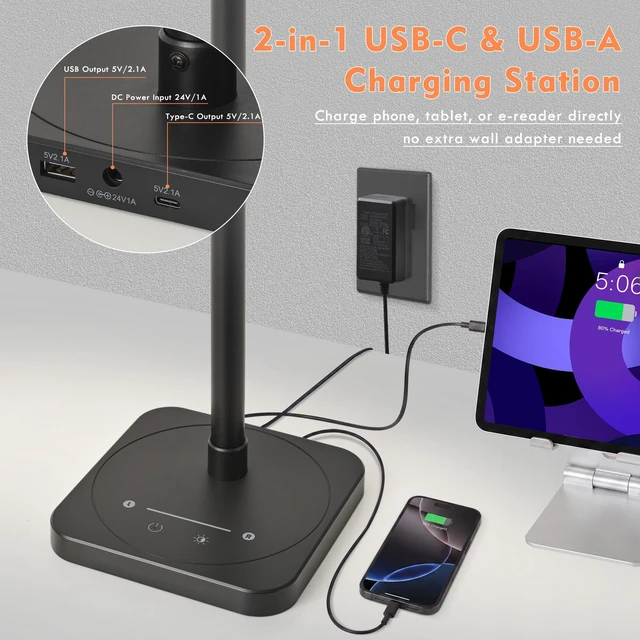 Alt view image 4 of 7 - Desk Lamp for Home Office Dual Head 24W Swing Arm Task Lamp Black LED Desk Light with Stepless Dimming & 5 Color Modes, USB-C Charging Port for Reading Study Computer Work College Dorm Room