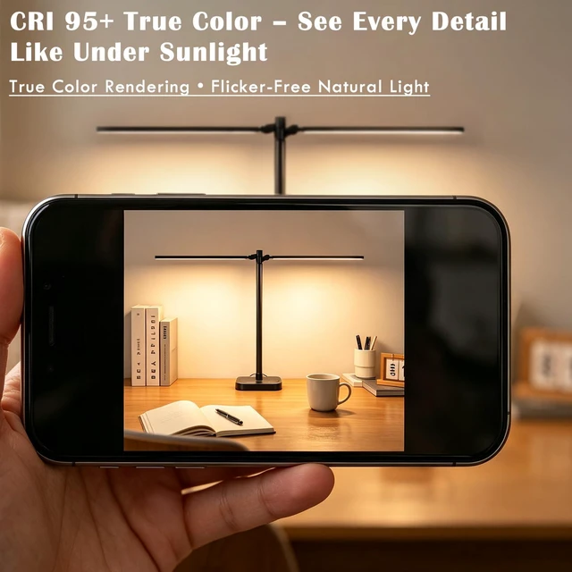 Alt view image 5 of 7 - Desk Lamp for Home Office Dual Head 24W Swing Arm Task Lamp Black LED Desk Light with Stepless Dimming & 5 Color Modes, USB-C Charging Port for Reading Study Computer Work College Dorm Room