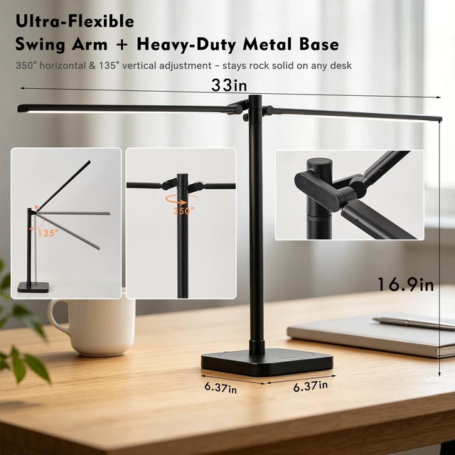 Alt view image 6 of 7 - Desk Lamp for Home Office Dual Head 24W Swing Arm Task Lamp Black LED Desk Light with Stepless Dimming & 5 Color Modes, USB-C Charging Port for Reading Study Computer Work College Dorm Room