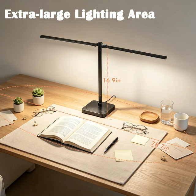 Alt view image 7 of 7 - Desk Lamp for Home Office Dual Head 24W Swing Arm Task Lamp Black LED Desk Light with Stepless Dimming & 5 Color Modes, USB-C Charging Port for Reading Study Computer Work College Dorm Room