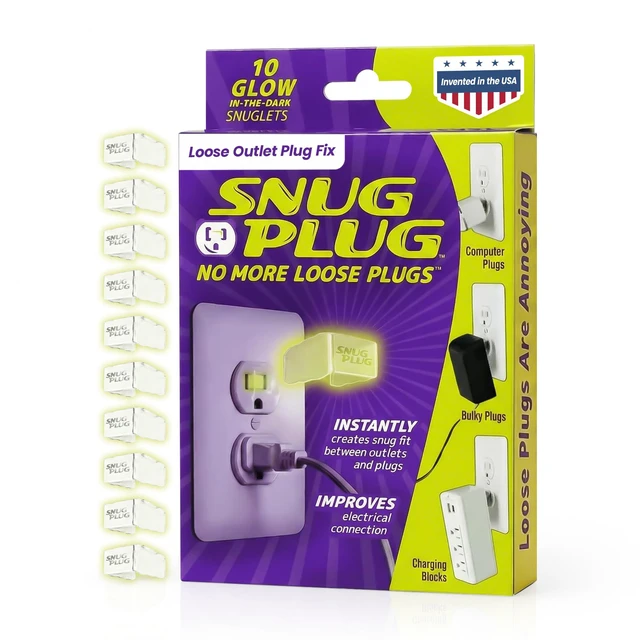Main image of Loose Outlet Plug Fix | Outlet Tightener | 10-Pack Glow Dark Loose plug outlet insert gives power cords a fit, plus a glow-in-the-dark design that's easy to spot in low light