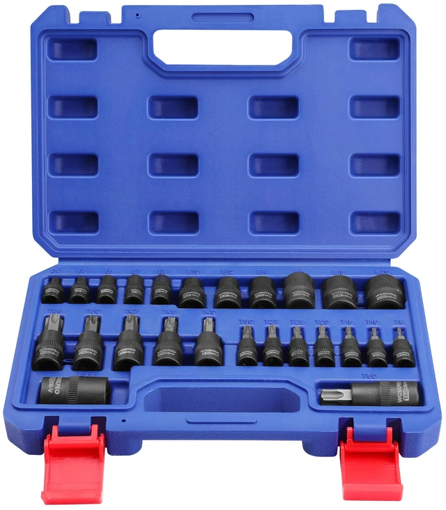 Main image of Torx Bit Set, 25-Piece E4-E22, T8-T60, External Torx Socket Set 1/4", 3/8", 1/2" Drive Bits, E4-E22 e Socket Set, T8-T60 Torx Socket Set, S2 Steel Bits, CR-V Sockets, Storage Case
