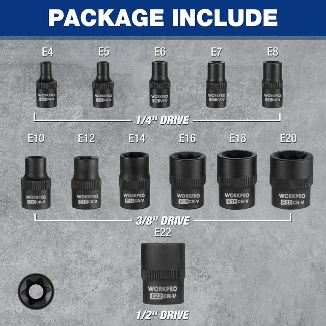 Alt view image 5 of 7 - Torx Bit Set, 25-Piece E4-E22, T8-T60, External Torx Socket Set 1/4", 3/8", 1/2" Drive Bits, E4-E22 e Socket Set, T8-T60 Torx Socket Set, S2 Steel Bits, CR-V Sockets, Storage Case