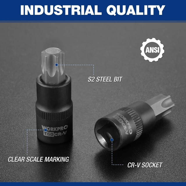 Alt view image 6 of 7 - Torx Bit Set, 25-Piece E4-E22, T8-T60, External Torx Socket Set 1/4", 3/8", 1/2" Drive Bits, E4-E22 e Socket Set, T8-T60 Torx Socket Set, S2 Steel Bits, CR-V Sockets, Storage Case