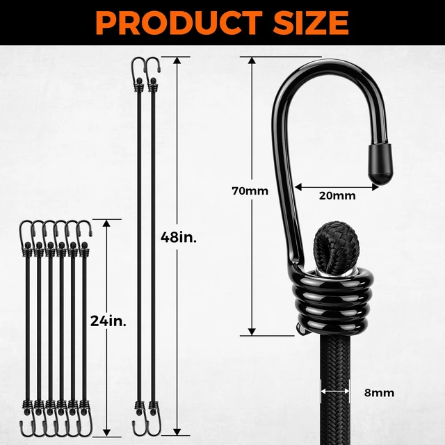 Alt view image 2 of 7 - 8-Piece 24 & 48 Inch Bungee Cords with Hooks, Heavy Duty Outdoor Elastic Bungee Straps, Industrial Grade Bungee Cord for Securing Tarps, Luggage, Tents, Bikes or Garden Tidying