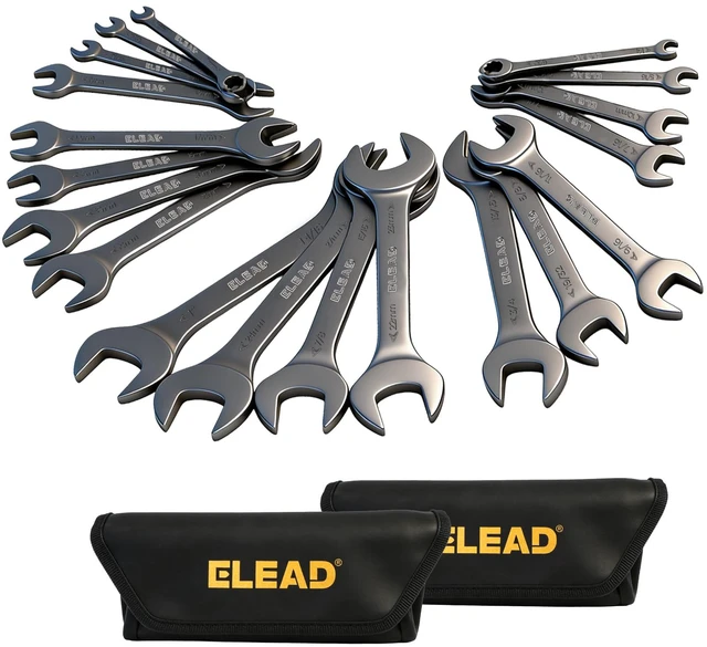 Main image of 19-Piece Super-Thin Open End Wrench Set, Metric 5.527 mm & SAE 1/4"-1-1/16", CR-V Nickel Plated, 3 mm Thickness Ultra-Slim Wrench Set for Tight Spaces, Durable Roll-Up Pouch for Mechanics