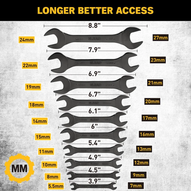 Alt view image 2 of 7 - 19-Piece Super-Thin Open End Wrench Set, Metric 5.527 mm & SAE 1/4"-1-1/16", CR-V Nickel Plated, 3 mm Thickness Ultra-Slim Wrench Set for Tight Spaces, Durable Roll-Up Pouch for Mechanics