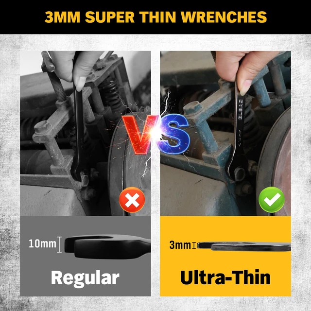 Alt view image 6 of 7 - 19-Piece Super-Thin Open End Wrench Set, Metric 5.527 mm & SAE 1/4"-1-1/16", CR-V Nickel Plated, 3 mm Thickness Ultra-Slim Wrench Set for Tight Spaces, Durable Roll-Up Pouch for Mechanics