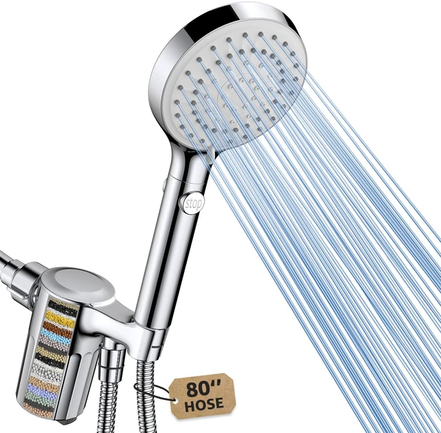Main image of High Pressure Filtered Handheld Shower Head with Hose, Chrome 80" Long Stainless Steel Hose, ON/OFF Switch for Pets Bath, Filter Beads for Hard Water, Remove Chlorine & Reduce Dry Skin