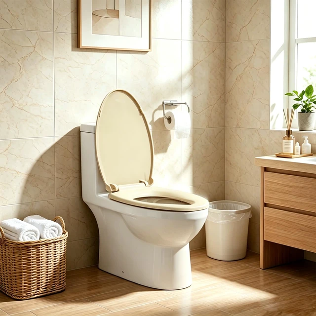 Alt view image 4 of 6 - Toilet Seat Elongated Almond, 18.5 x 14.2 Inch, Slow Close, Bottom-Mount Design, Fits 2-Piece Toilets, Durable & Easy to Install, PP Material Safe and Durable