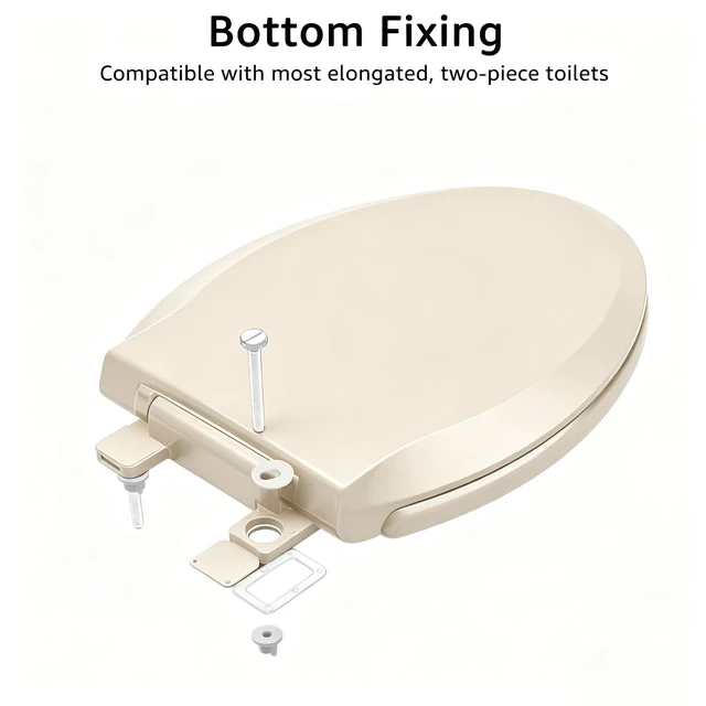 Alt view image 3 of 6 - Toilet Seat Elongated Almond, 18.5 x 14.2 Inch, Slow Close, Bottom-Mount Design, Fits 2-Piece Toilets, Durable & Easy to Install, PP Material Safe and Durable
