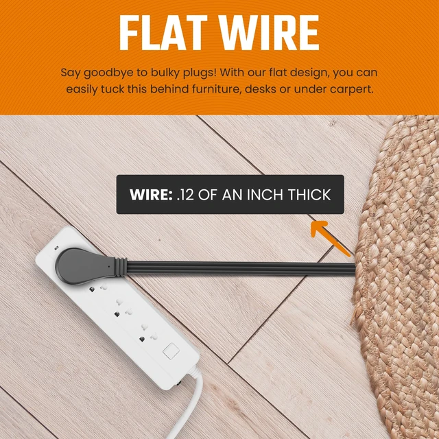 Alt view image 3 of 6 - Flat Plug Extension Cord 8 FT Black 3 Outlet 3 Prong Grounded Indoor Extension Cord Low Profile Wall Hugger Angled Plug 16/3 Heavy Duty Power Cord 13A 125V for Office Dorm (3 Pack)