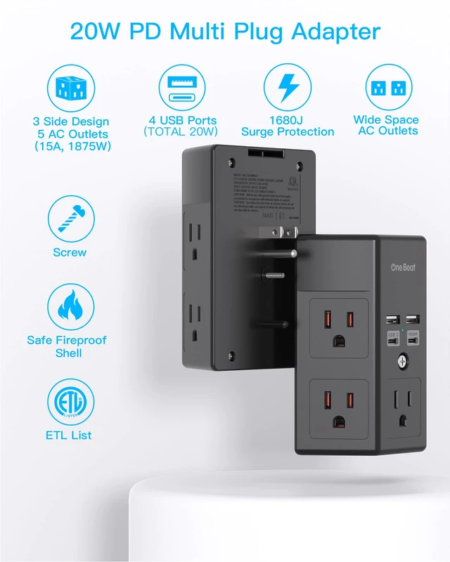 Alt view image 4 of 7 - Surge Protector Wall Outlet Extender, 5 Outlets & 4 USB Ports(20W USB-C PD) 1680J, 3-Sided Multi Plug Outlet Adapter, Outlet Splitter, Wall Mount, ETL Listed for Home Office Travel-Black