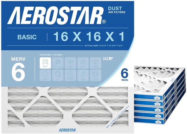 Main image of 16x16x1 MERV 6 Pleated Air Filter, AC Furnace Air Filter, 6 Pack (Actual Size: 15 3/4"x15 3/4"x3/4")