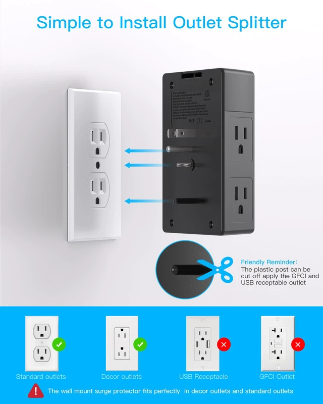 Alt view image 5 of 7 - Surge Protector Wall Outlet Extender, 5 Outlets & 4 USB Ports(20W USB-C PD) 1680J, 3-Sided Multi Plug Outlet Adapter, Outlet Splitter, Wall Mount, ETL Listed for Home Office Travel-Black
