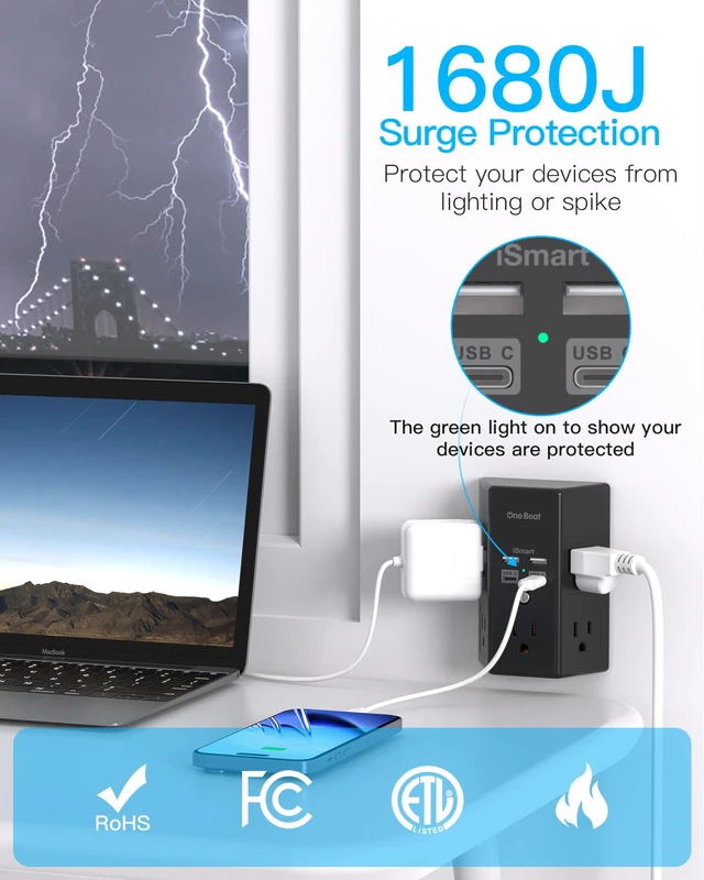 Alt view image 6 of 7 - Surge Protector Wall Outlet Extender, 5 Outlets & 4 USB Ports(20W USB-C PD) 1680J, 3-Sided Multi Plug Outlet Adapter, Outlet Splitter, Wall Mount, ETL Listed for Home Office Travel-Black