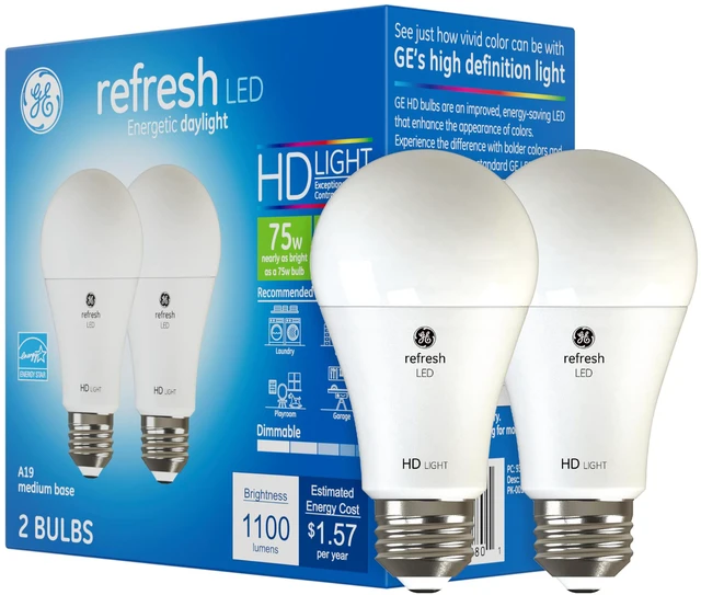Main image of Refresh LED Light Bulbs, 75 Watt, Daylight, A19 (2 Pack) Bright daylight light bulbs, 75 watt Replacement, energy-saving LED, living room, office, kitchen, 2 pack value