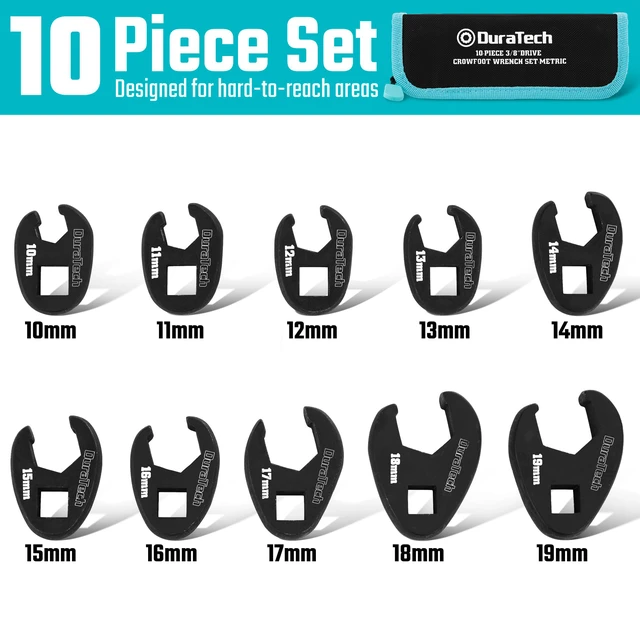 Alt view image 3 of 7 - 10-Piece 3/8" Drive Crowfoot Wrench Set, Flare Nut Wrench Set, Metric, Size Covers 10-19mm, CR-V Steel, with Zipper Bag