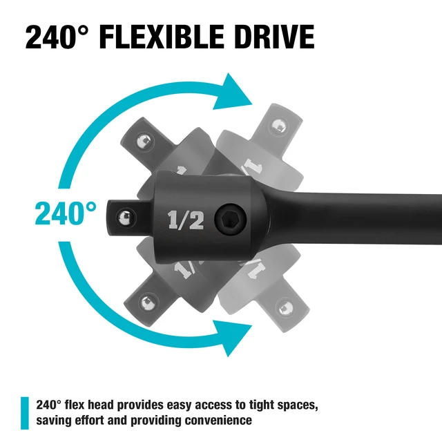 Alt view image 5 of 7 - 1/2" Drive 17.5-Inch Heavy Duty Breaker Bar with 240° Flex Head Spring-loaded Detent Ball, CR-MO Head, Premium Black Phosphate Finish, Ideal for Industrial, Construction, and Mechanic Tasks
