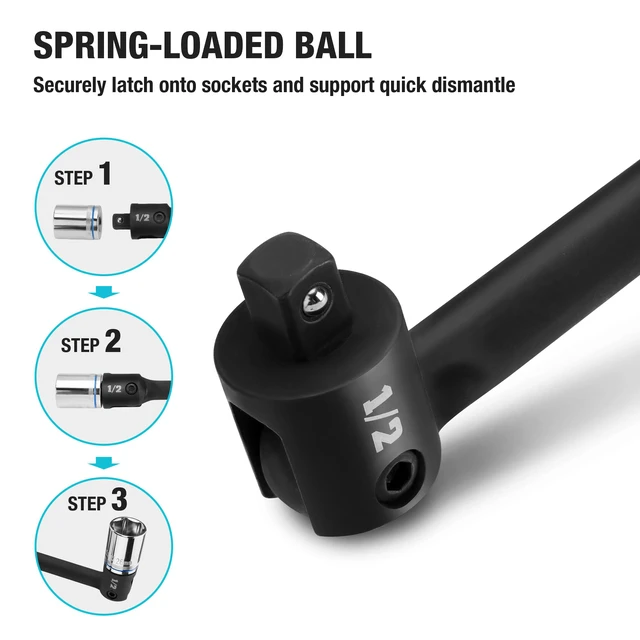 Alt view image 6 of 7 - 1/2" Drive 17.5-Inch Heavy Duty Breaker Bar with 240° Flex Head Spring-loaded Detent Ball, CR-MO Head, Premium Black Phosphate Finish, Ideal for Industrial, Construction, and Mechanic Tasks