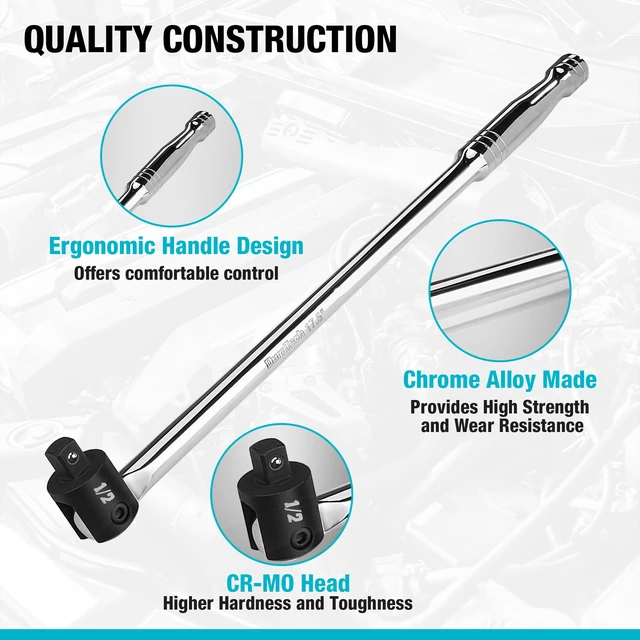 Alt view image 2 of 6 - 1/2" Drive 17.5-Inch Heavy Duty Breaker Bar with 240° Flex Head Spring-loaded Detent Ball, Premium Chrome Alloy Made, Ideal for Industrial, Construction, and Mechanic Tasks