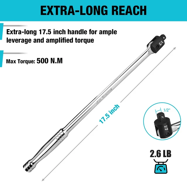 Alt view image 3 of 6 - 1/2" Drive 17.5-Inch Heavy Duty Breaker Bar with 240° Flex Head Spring-loaded Detent Ball, Premium Chrome Alloy Made, Ideal for Industrial, Construction, and Mechanic Tasks