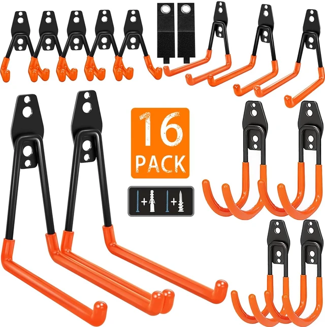 Main image of Heavy Duty Steel Hooks-16PK Orange Wall Mount Garage Storage Hangers Wall Hooks Heavy Duty for Hanging Bike, Ladder, Garden Tools,Broom,HoseAnti-Slip Coating Garage Wall Organization