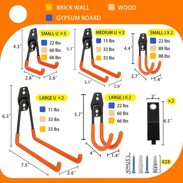 Alt view image 2 of 7 - Heavy Duty Steel Hooks-16PK Orange Wall Mount Garage Storage Hangers Wall Hooks Heavy Duty for Hanging Bike, Ladder, Garden Tools,Broom,HoseAnti-Slip Coating Garage Wall Organization