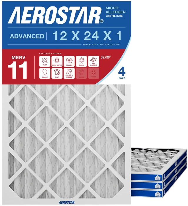 Main image of Air Filter 12x24x1 MERV 11 AC Filter, HVAC, Furnace Filter, 4 Pack ACTUAL SIZE (11.75 x 23.75 x 0.75) AC Filter, Furnace Filter, Dust, Pet Dander, Smoke & Allergies MERV 11 (MPR 1200 / FPR 7)