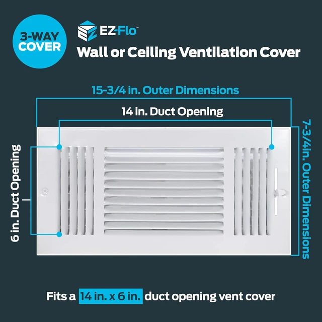 Alt view image 2 of 7 - 14 x 6 Inch (Duct Opening) Air Vent Cover for Wall or Ceiling, Three-Way Ventilation Register, Solid Steel HVAC Register Cover, White, 61616