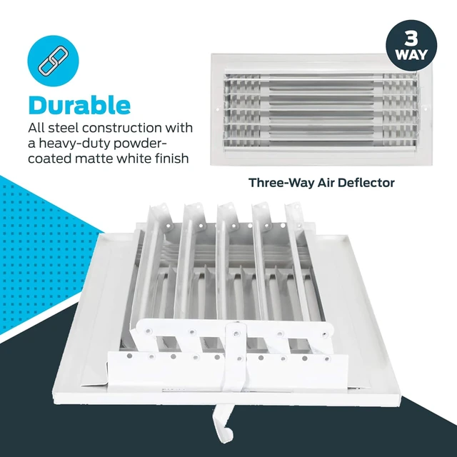 Alt view image 7 of 7 - 14 x 6 Inch (Duct Opening) Air Vent Cover for Wall or Ceiling, Three-Way Ventilation Register, Solid Steel HVAC Register Cover, White, 61616