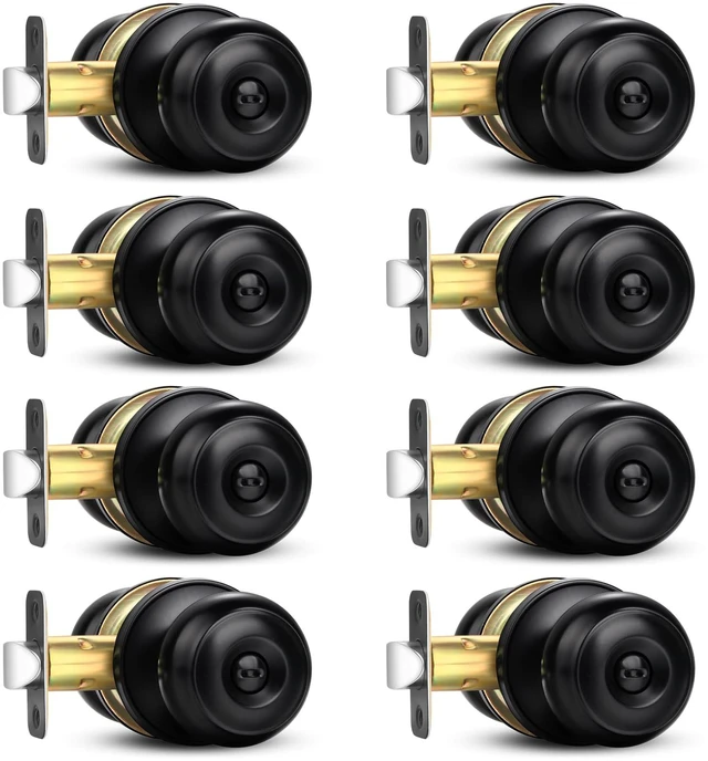 Main image of 8 Pack Privacy Door Knob, Black Round Keyless Doorknobs Interior Lockset Matte Black Locking Door Knob for Bedroom/Bathroom, Privacy Modern Design Door Hardware Reversible for Left/Right Door Handle