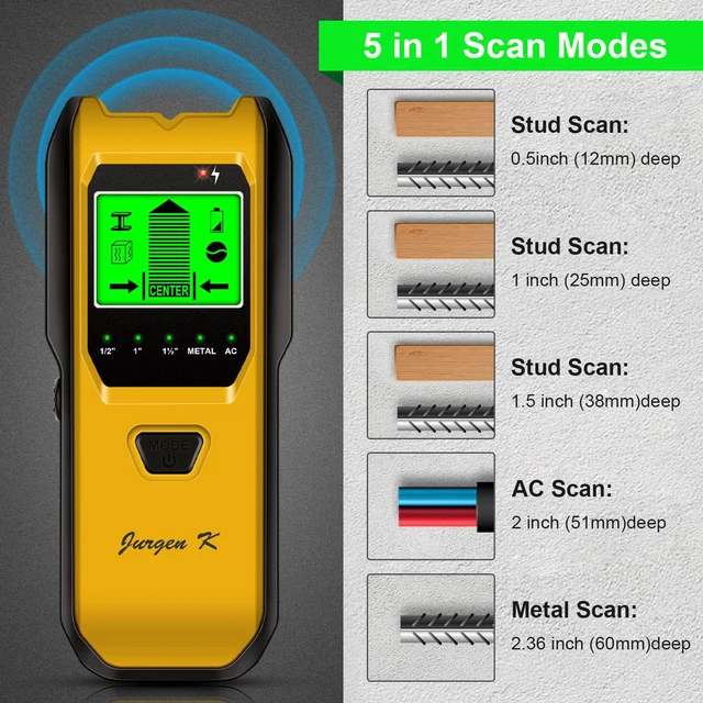 Alt view image 3 of 7 - Stud Finder Wall Scanner, 5 in 1 Multifunction Stud Locator with Upgraded Smart Sensor, HD LCD Display and Audio Alarm for The Center & Edge of Metal, Studs, AC Wire, and Pipe Detection (Butter)