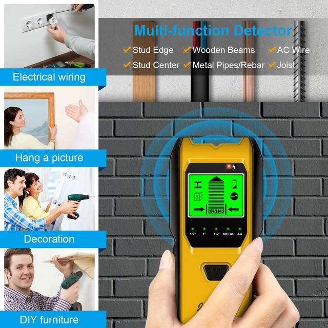 Alt view image 7 of 7 - Stud Finder Wall Scanner, 5 in 1 Multifunction Stud Locator with Upgraded Smart Sensor, HD LCD Display and Audio Alarm for The Center & Edge of Metal, Studs, AC Wire, and Pipe Detection (Butter)