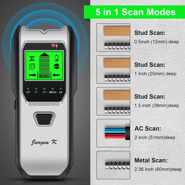Alt view image 3 of 7 - Stud Finder Wall Scanner, 5 in 1 Multifunction Stud Locator with Upgraded Smart Sensor, HD LCD Display and Audio Alarm for The Center & Edge of Metal, Studs, AC Wire, and Pipe Detection (Gainsboro)