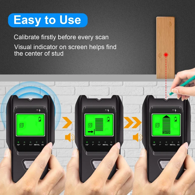 Alt view image 4 of 7 - Stud Finder Wall Scanner, 5 in 1 Multifunction Stud Locator with Upgraded Smart Sensor, HD LCD Display and Audio Alarm for The Center & Edge of Metal, Studs, AC Wire, and Pipe Detection (Charcoal)