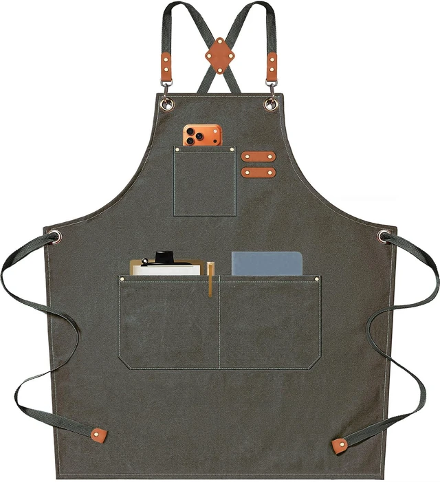 Main image of Chef Aprons for Men Women with Oversized Pockets, 16-Ounce Cotton Canvas Cross Back Heavy Duty Work Apron (Grey Green)