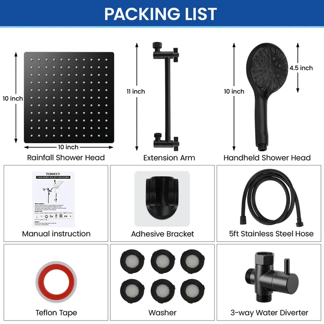 Alt view image 7 of 7 - Shower Head, 10'' High Pressure Rainfall/Handheld Shower Combo, Matte Black 9 Settings, Anti-leak Shower Head with 11'' Extension Arm, Holder, Hose, Height/Angle Adjustable Shower, 1.75GPM