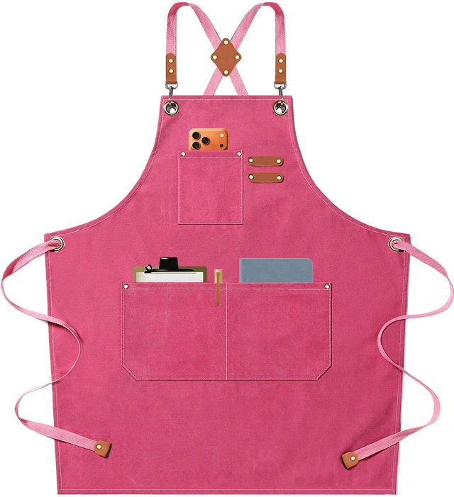 Main image of Chef Aprons for Men Women with Oversized Pockets, 16-Ounce Cotton Canvas Cross Back Heavy Duty Work Apron (Pink)