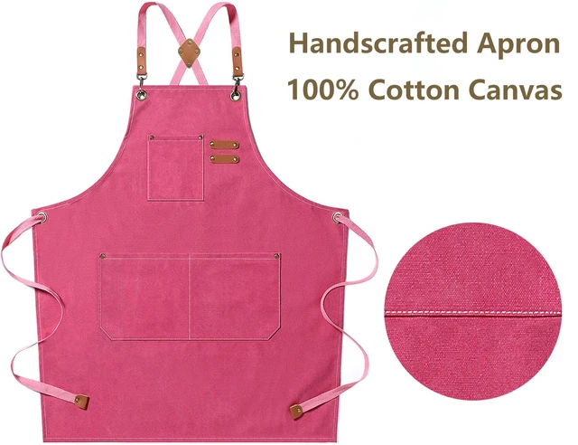 Alt view image 5 of 7 - Chef Aprons for Men Women with Oversized Pockets, 16-Ounce Cotton Canvas Cross Back Heavy Duty Work Apron (Pink)