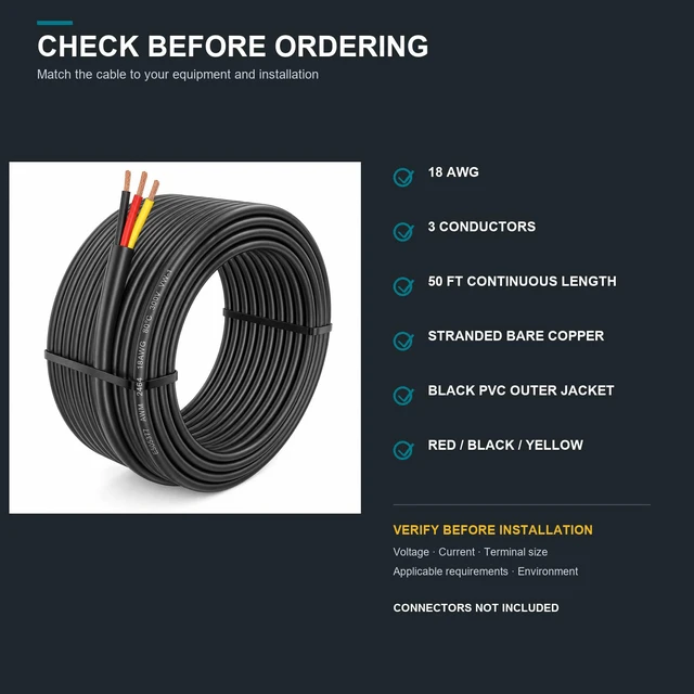Alt view image 7 of 7 - 18 AWG 3-Conductor Stranded Copper PVC Wire, 50 FT 18 AWG three-conductor cable for compatible low-voltage circuits
