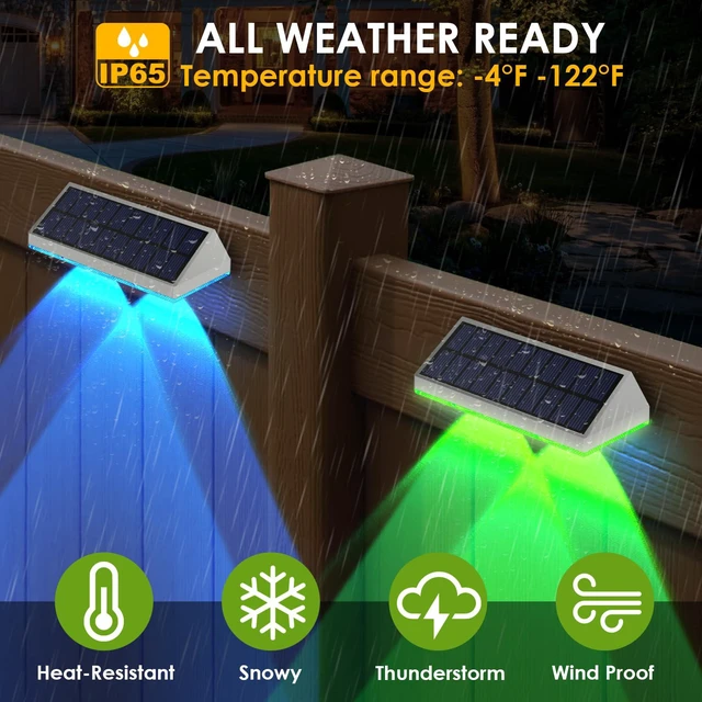 Alt view image 4 of 7 - 2 Pack Solar Fence Lights Outdoor, 2PK Solar Outdoor Light Warm White & RGB Solar Powered Lights for Outside Backyard, Patio, Deck Fence, Stair Handrail, Pool and Wall