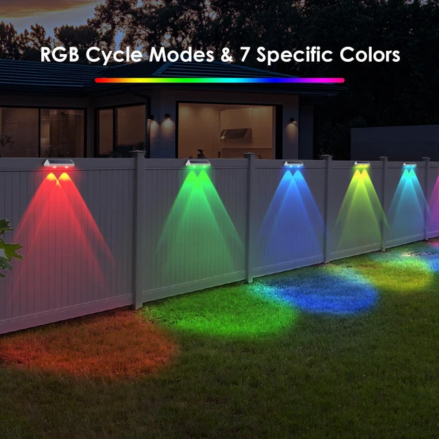 Alt view image 6 of 7 - 2 Pack Solar Fence Lights Outdoor, 2PK Solar Outdoor Light Warm White & RGB Solar Powered Lights for Outside Backyard, Patio, Deck Fence, Stair Handrail, Pool and Wall