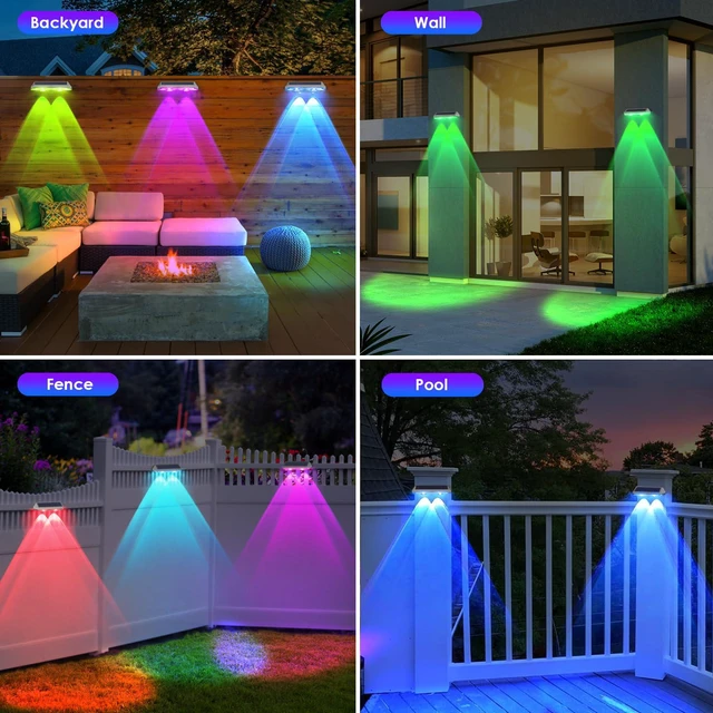 Alt view image 7 of 7 - 2 Pack Solar Fence Lights Outdoor, 2PK Solar Outdoor Light Warm White & RGB Solar Powered Lights for Outside Backyard, Patio, Deck Fence, Stair Handrail, Pool and Wall