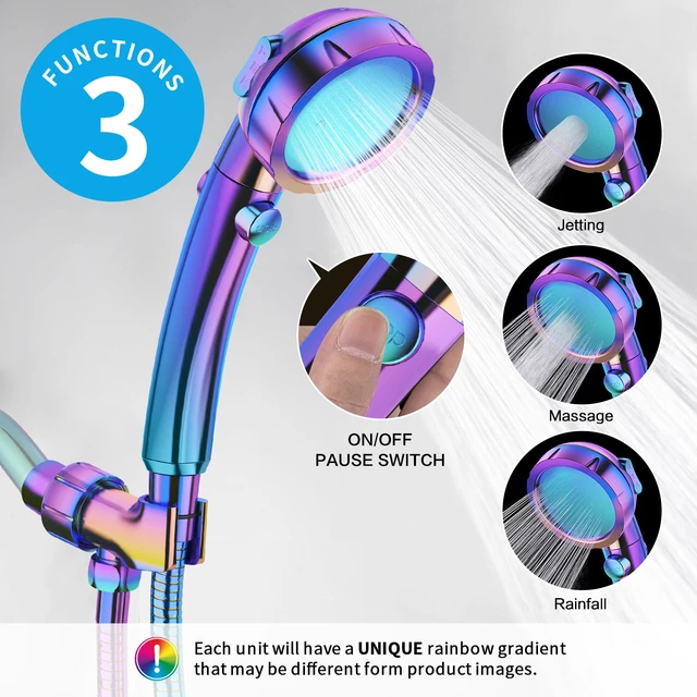 Alt view image 2 of 6 - High Pressure Handheld Shower Head with ON/OFF Switch, 3 Spray Modes, Adjustable Angle Bracket, Radiant Rainbow
